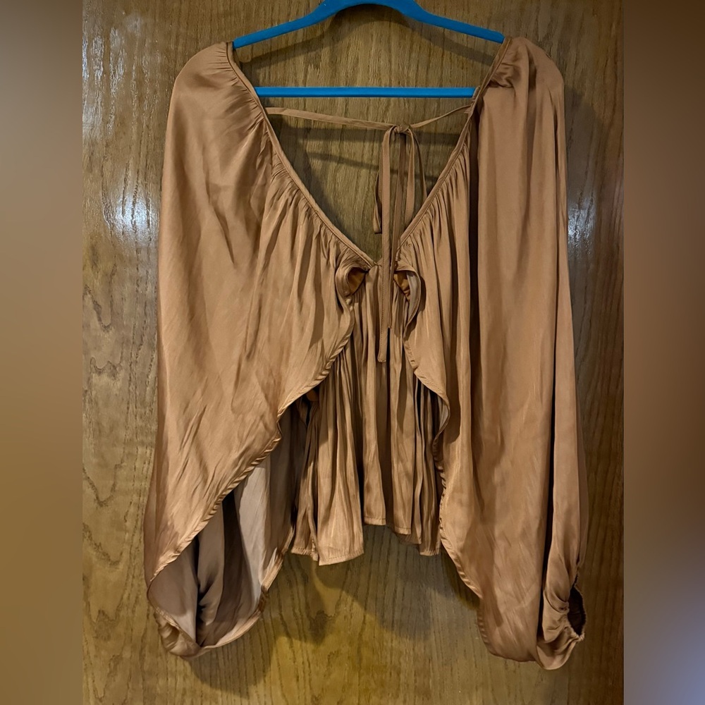 Tan Asymmetrical Ruffled Blouse - Picture 2 of 4